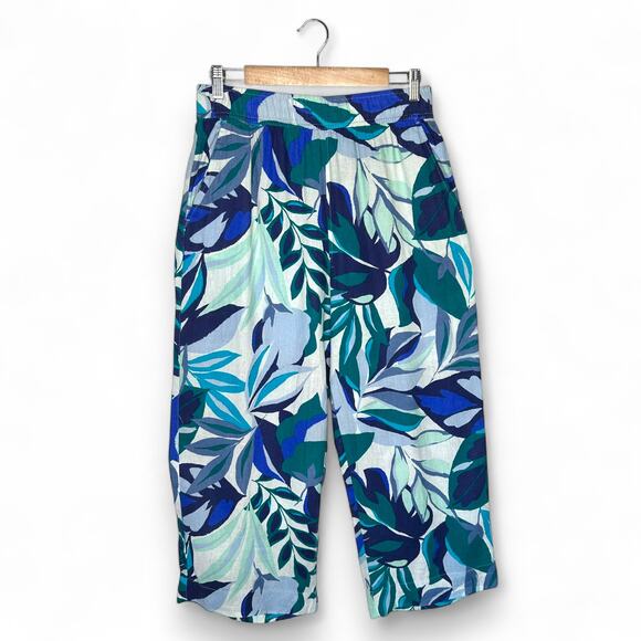 C&C California Wide Leg Cropped Linen Pants Size M Green Blue Tropical Leaf Pant - Picture 1 of 7